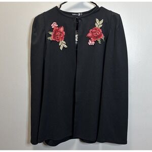 Boohoo Black Women's Jacket Cape Split Sleeveless Sleeves Rose Appliqué Size 14